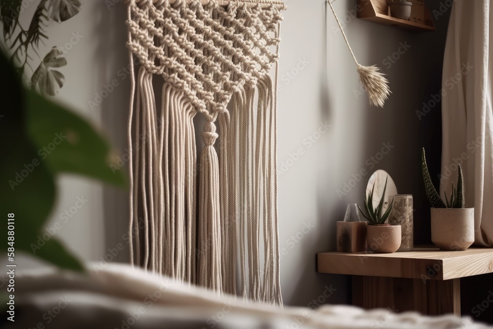 Macrame wall hanging with wooden stick on white wall. Feminine hobby. Green interior knitting decora