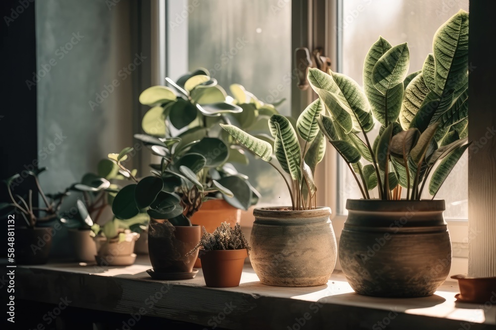 home gardening. Window sill zamioculcas. Windowsill plants. Green houseplants on a windowsill. Hygge