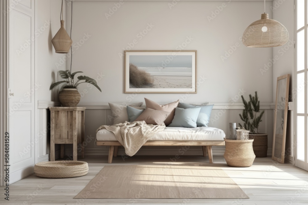 Coastal style room. Cozy house interior mockup wall. Hamptons illustration. Generative AI