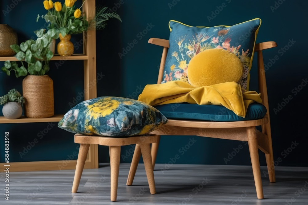 Yellow cushion on wooden armchair in blue green flat with flowers and stool. Real picture. Generativ