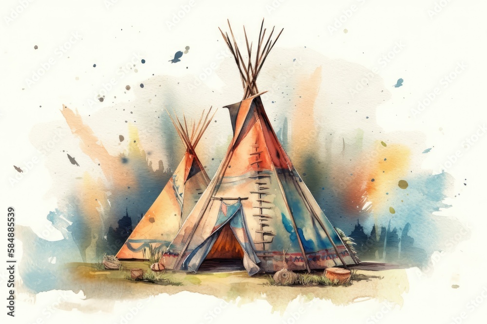 Watercolor teepee campground tent. Bohemian American wigwam. Tee pee with feathers and arrows. Gener