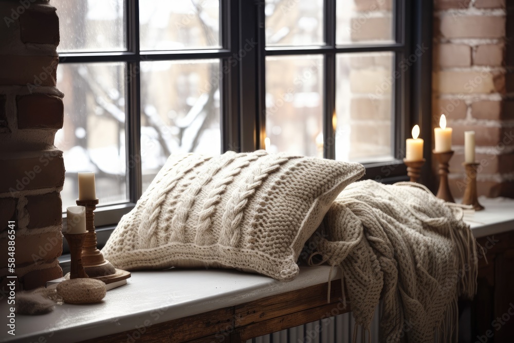 comfortable still life, warm woolen knitting ornament on ledge against brick wall and window. bohemi