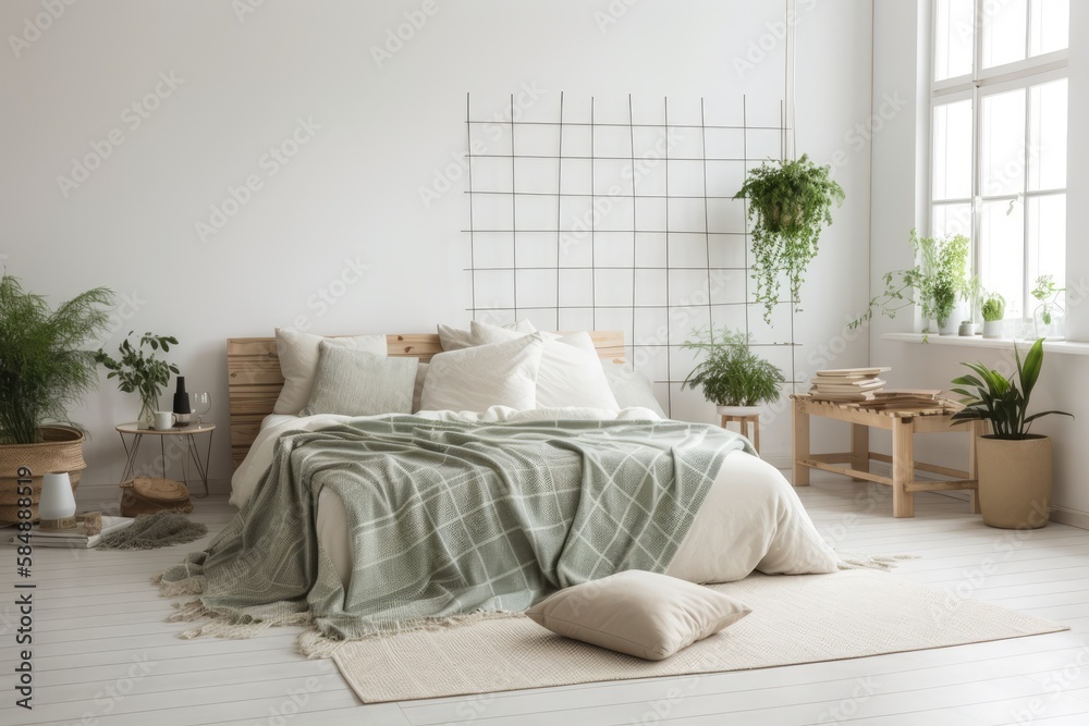 Bedroom mockup with bed, green plaid, cushions, and plants on white wall. Right side empty. Generati