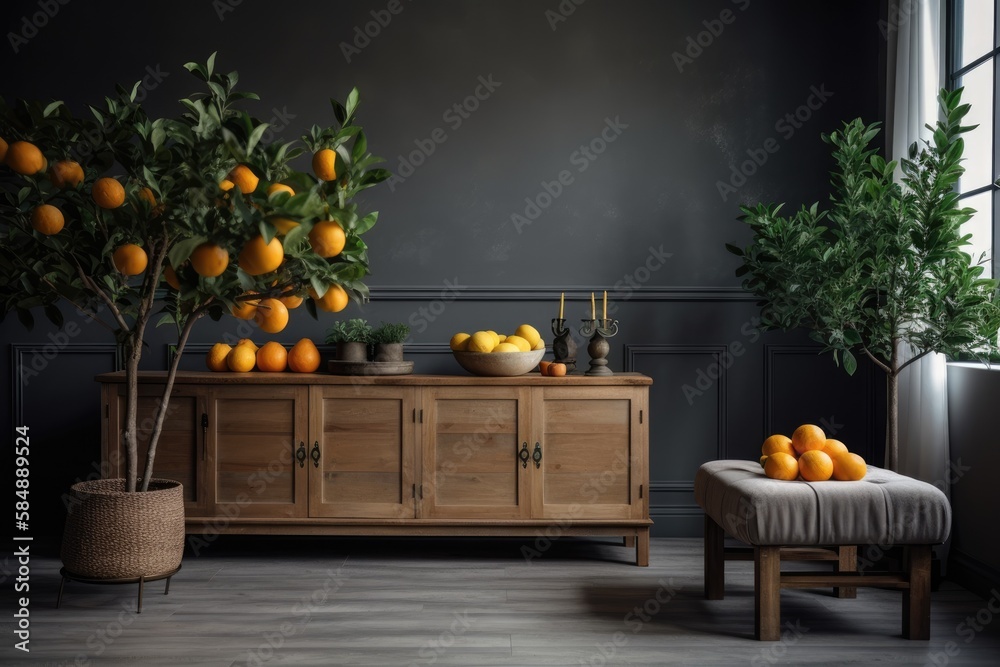 Elegant room with wooden cabinet and planted kumquat tree near grey wall. Generative AI