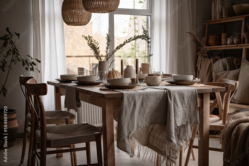 Contemporary boho dining room design. Dining table, eucalyptus branches, wineglasses, plates, silver