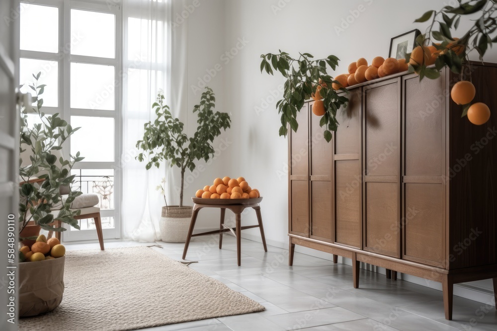 Elegant room with wooden cabinet and planted kumquat tree near white brick wall. Generative AI