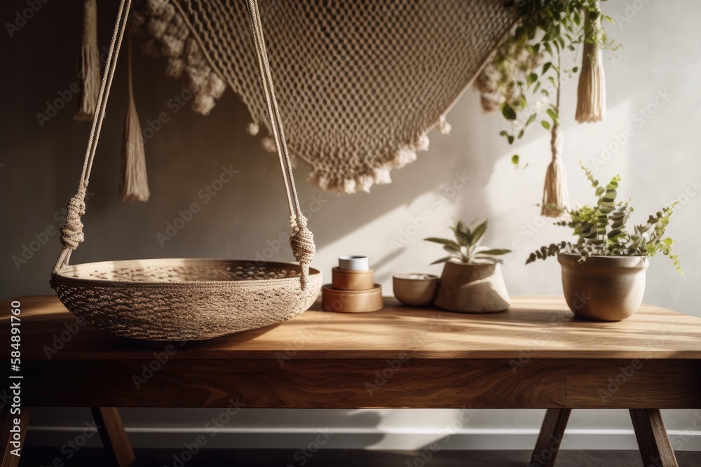 Wooden antique tabletop or shelf closeup, zen feeling, over country living room with rattan potted p