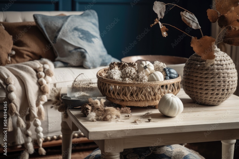 Antique white and blue living room closeup. Sofa, autumn themed rattan table. acorn and dried leaf v