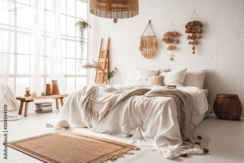 home hygge. White boho bedroom with coffee table, straw light, and cozy bed with cushions, copy spac