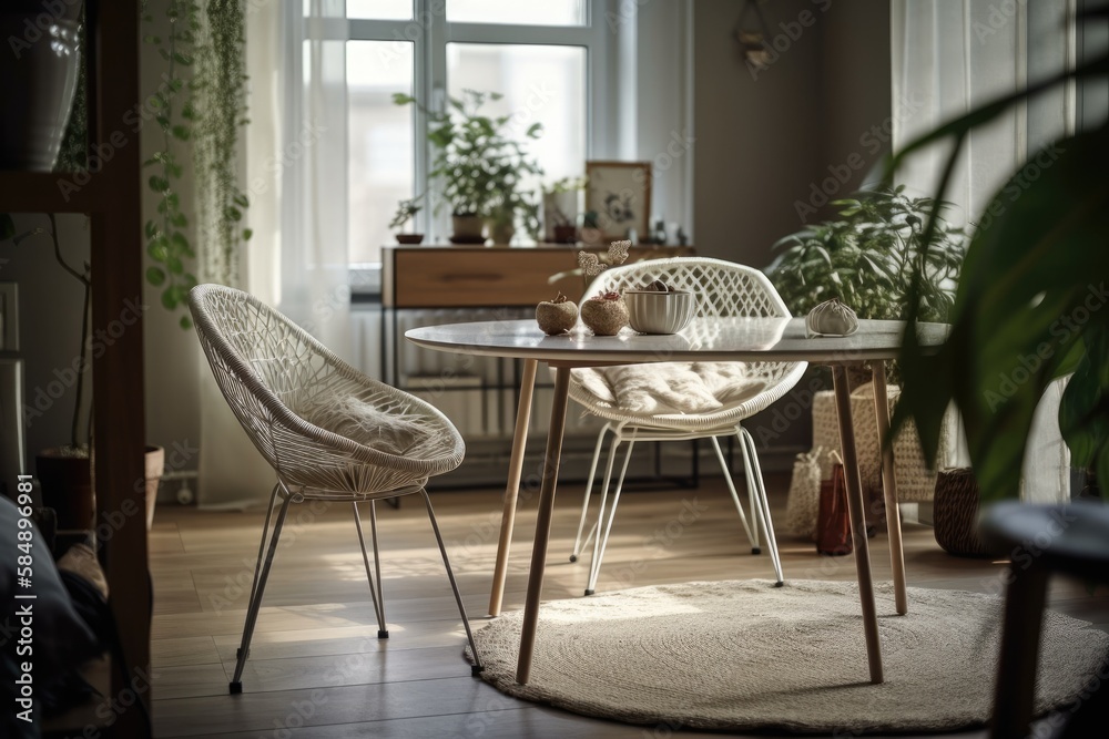 Theres a white chair and table. Beige crocheted plaid covers the table. Magazine, the table has tea