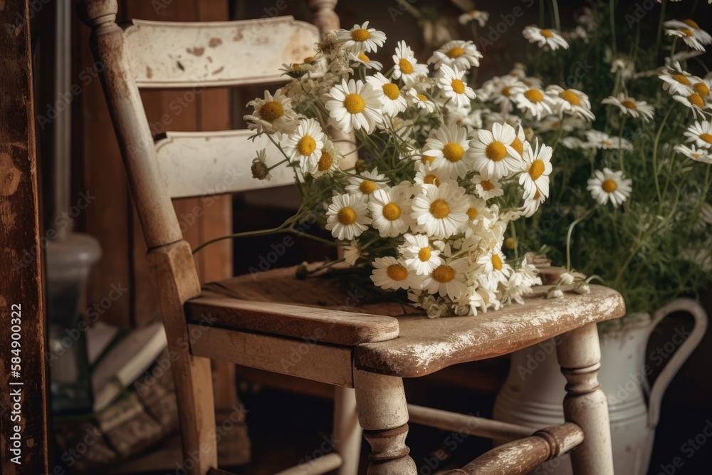 Daisy blooms on rustic chair. Countryside summer decor. Modern ceramic vase with daisies in sunny en