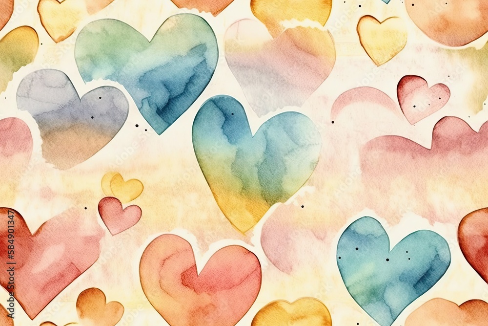 Neutral rainbow and heart watercolor seamless pattern. Hand drawn charming abstract backdrop, digita