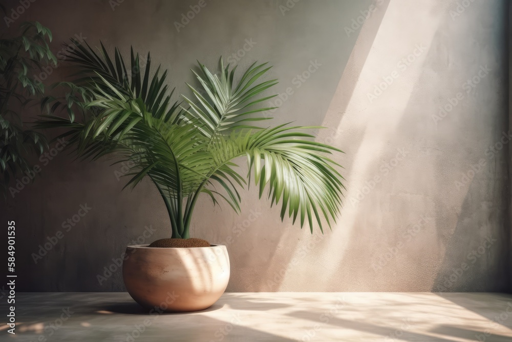 Simple product placement background with concrete wall palm shadow. Summer luxury interior design. C