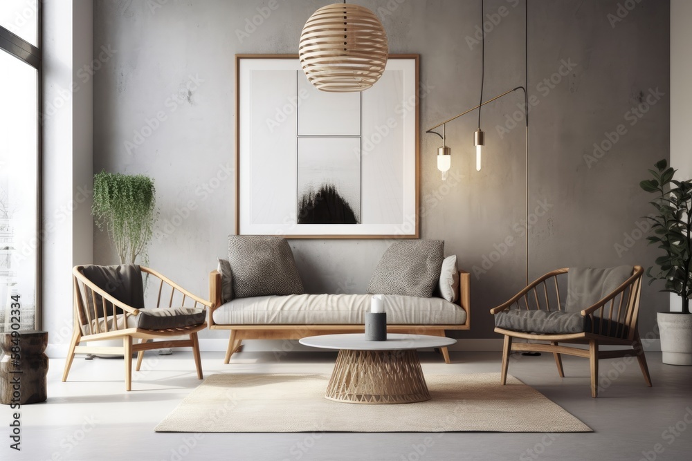 Contemporary minimalism, Scandinavian style, living room decor, vacant wall,. Generative AI