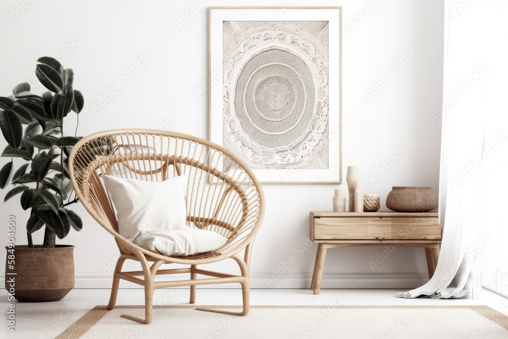 Scandi Boho mockup frame in white room with natural wooden furnishings. Generative AI