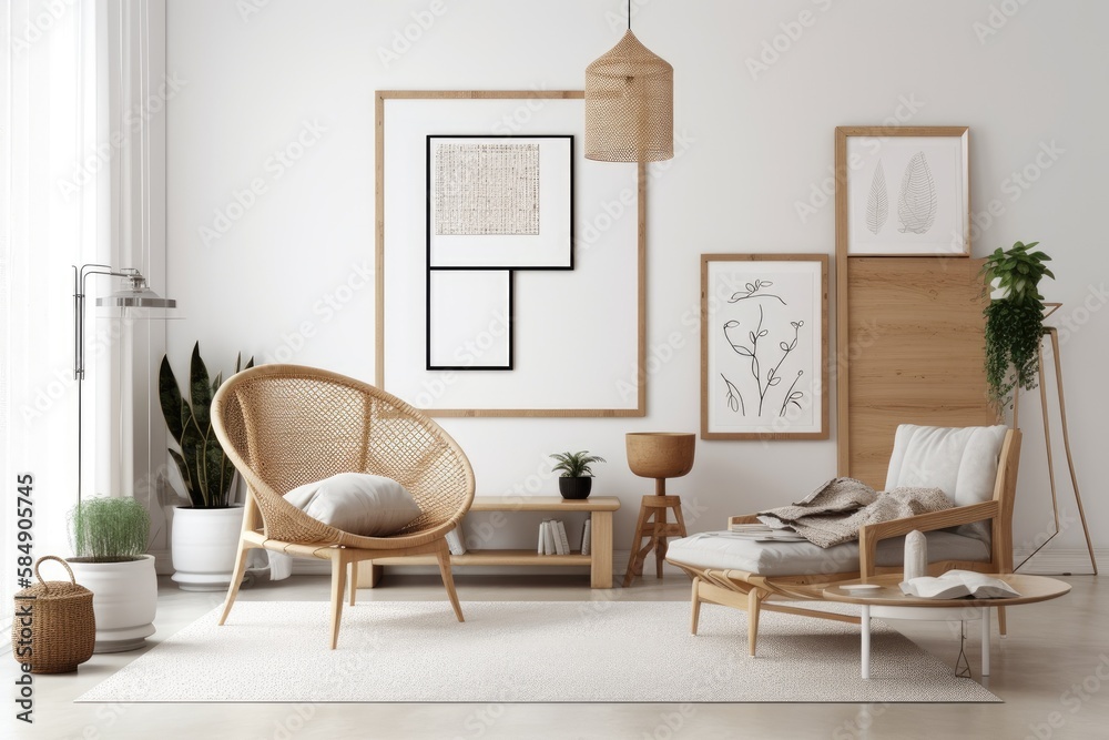 Mockup frame with Scandinavian decor backdrop, bright white neutral room, Boho style,. Generative AI