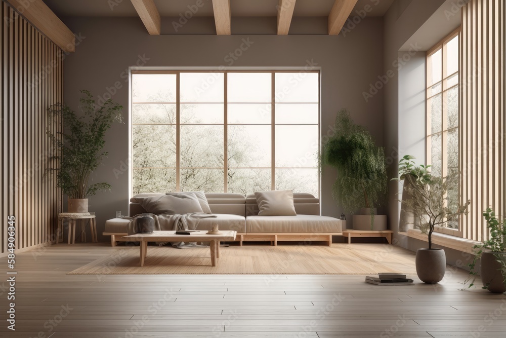 Blurred backdrop, stylish hardwood living and room. Fabric couch, parquet floor, window, and decors.