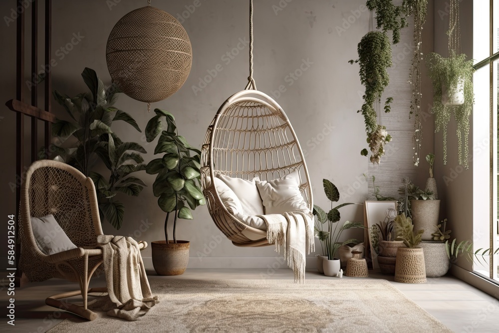 Boho living room with hanging chair. Generative AI