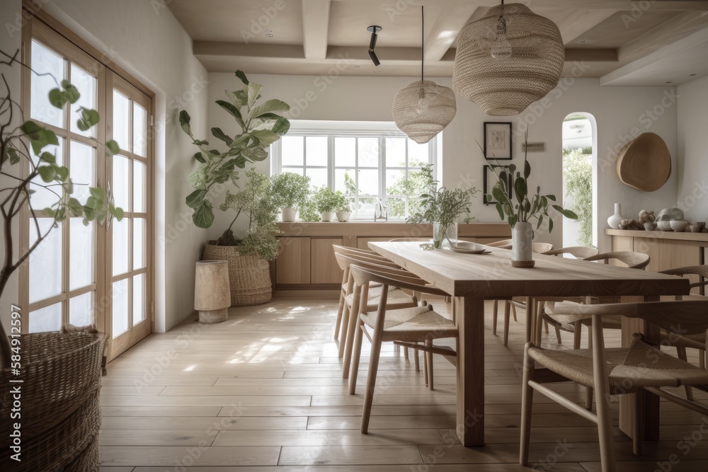 White and beige farmhouse dining room. Chairs and table décor. Japanese interiors. Generative AI