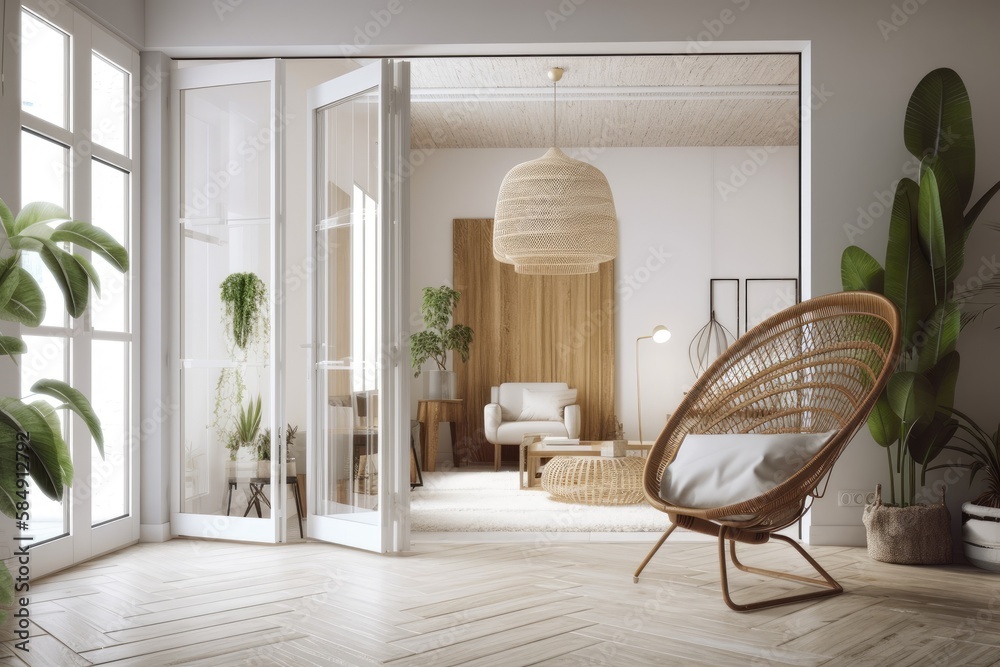 White folding door opening on country living room with rattan potted plants and lace hanging chair, 