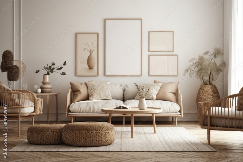 Modern classic beige furniture decor. Nordic boho. Sofa chair. a window side blank wall model. Excel