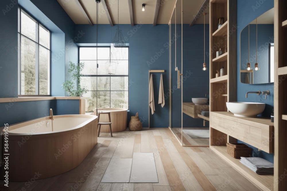 Blue and beige Japanese wooden bathroom. Freestanding tub, shower, and washbasin with mirror. Marmol