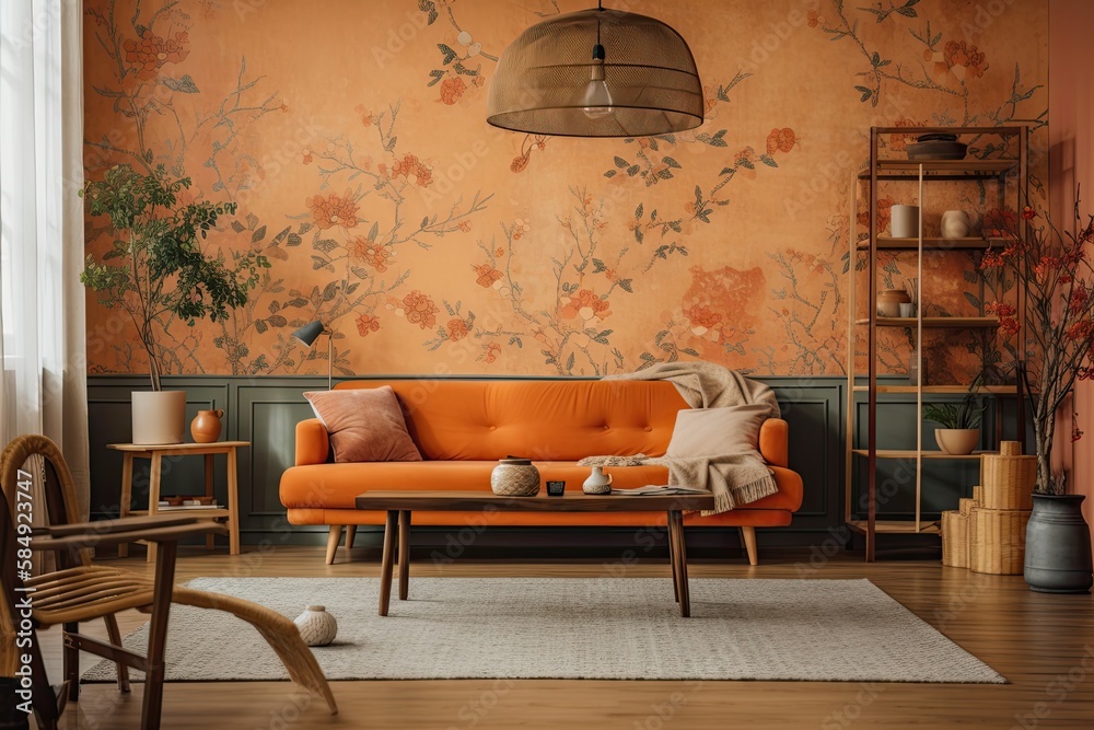 Beautiful orange and beige living room with wallpaper, carpet, and fabric couch. Classic Japanese in