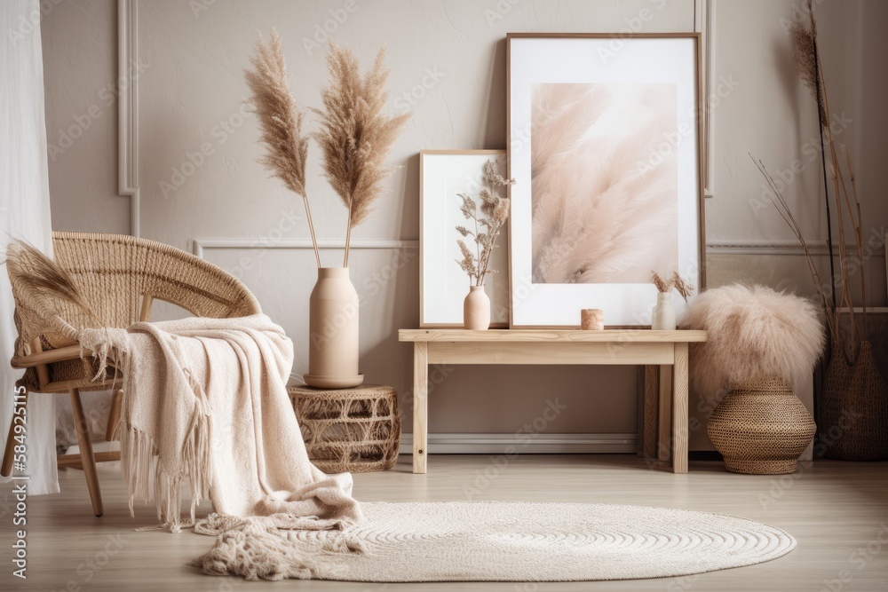 Scandi Boho mockup frame on interior background, soft pastel hues. Generative AI