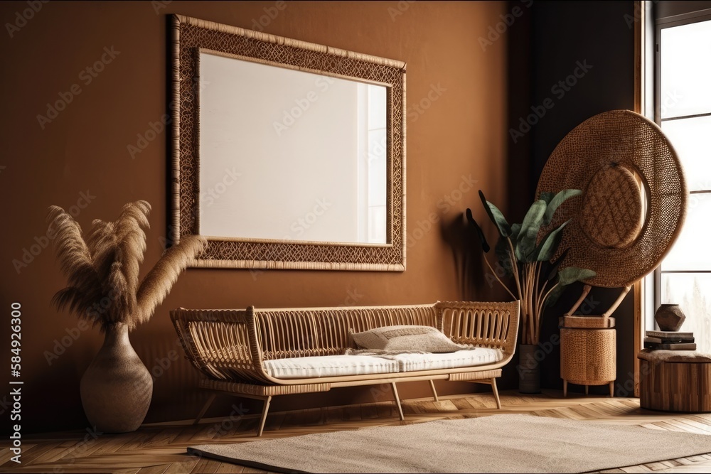 Empty horizontal picture frame on contemporary living room brown wall. Boho interior mockup. Free po