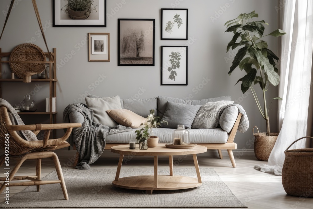 Minimalist living room with gray couch, wooden coffee table, picture frame, flowers, rattan lamp, ba