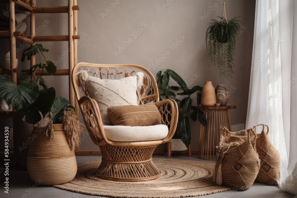 Rattan or bamboo wicker chair in boho living room. Bedroom with armchair and ethnic pillows. Natural