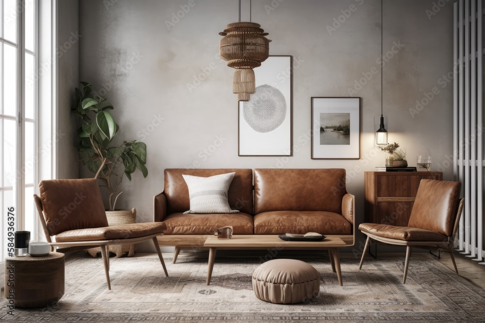 Wall mockup in Scandi boho house design with classic brown leather furnishings,. Generative AI