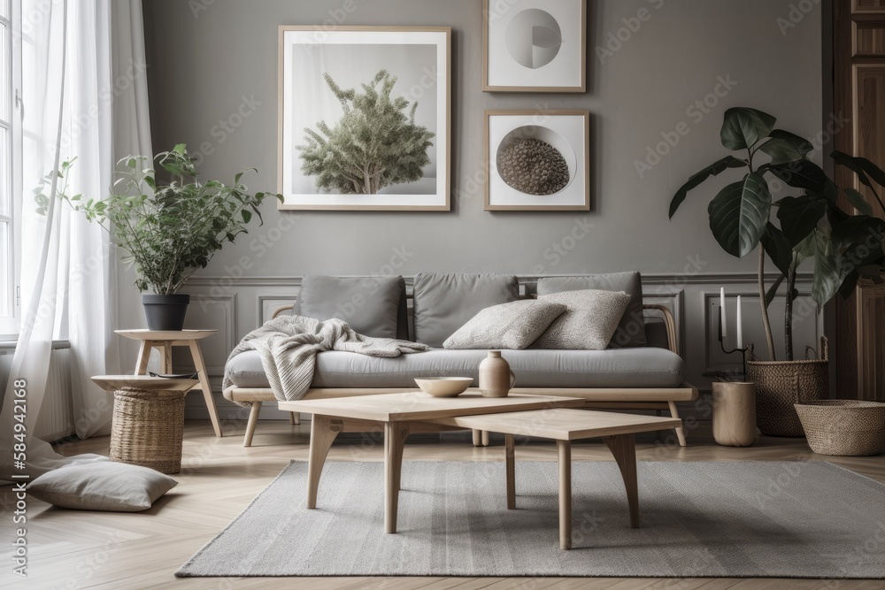 Minimalist living room with gray couch, wooden coffee table, plants, mock up poster frame, and styli