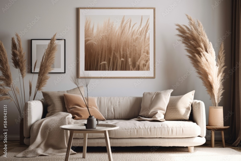 Vertical frame mockup in living room with gray couch, beige cushion, dried Pampas grass on caned tab