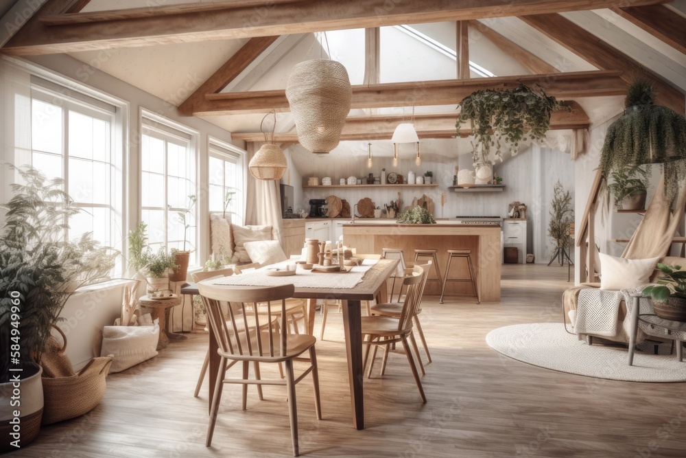 Blurred backdrop, bohemian farmhouse mezzanine living room. Dining table with sideboard. Decorated p