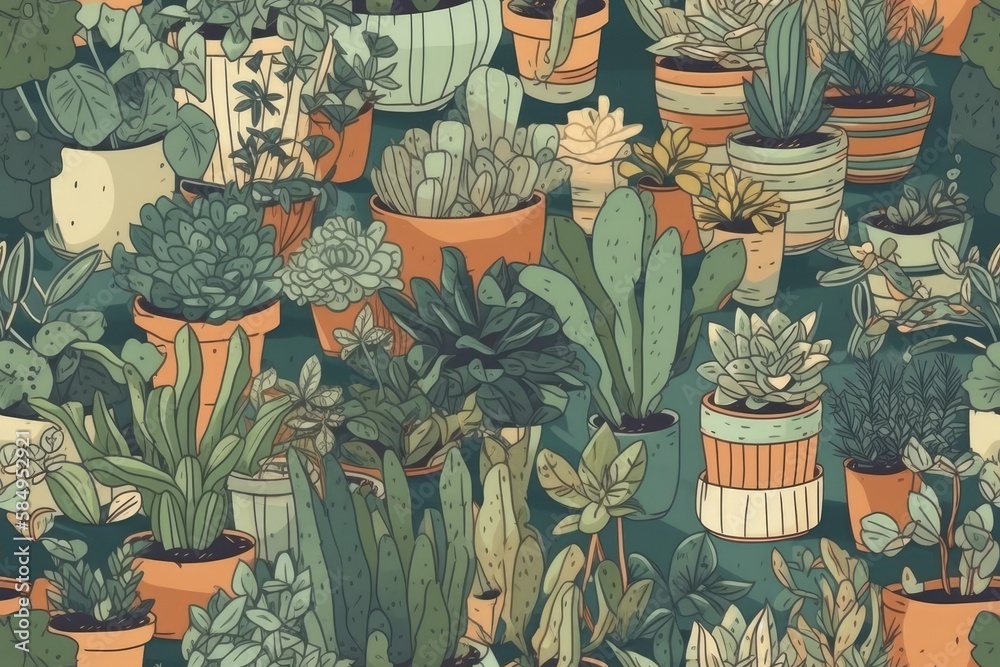 Seamless pattern of houseplants. Houseplants. Earthy bohemian pattern. Generative AI