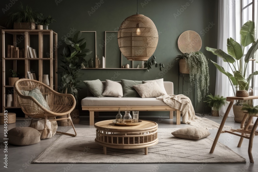 Contemporary and bohemian apartment decor with gray couch, rattan armchair, wooden cubes, plaid, tro