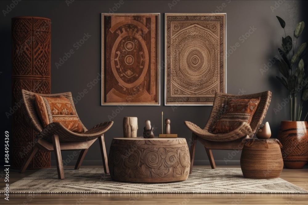 Ethnic home decor, brown living room,. Generative AI