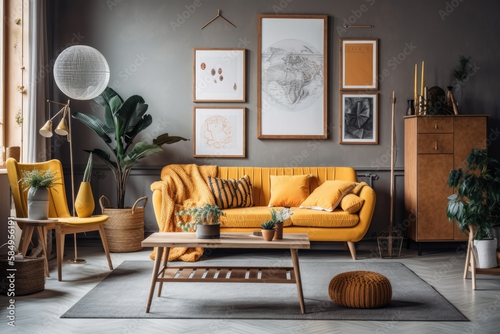 Vintage and scandi living room with yellow couch, faux poster frame, coffee table, plants, commode, 