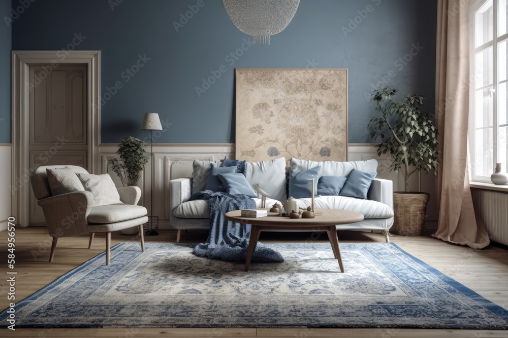 Beautiful blue and beige living room with carpet, wallpaper, and fabric couch. Classic minimalism,. 