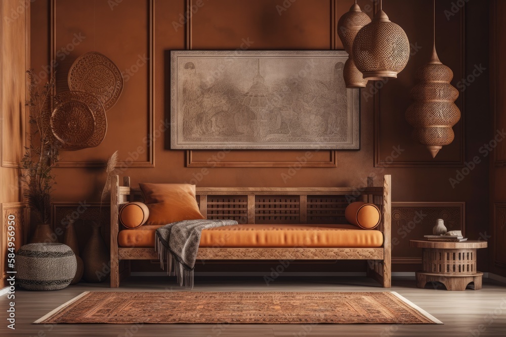 Comfortable house interior with wooden furniture on brown backdrop, vacant wall mockup in boho desig