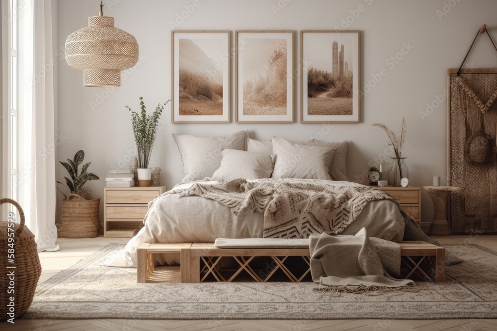 Scandi Boho bedroom mockup frame. Generative AI