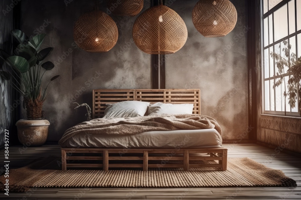 Blurred backdrop, boho chic wooden farmhouse bedroom. Rattan bedroom set. Country wallpaper, antique