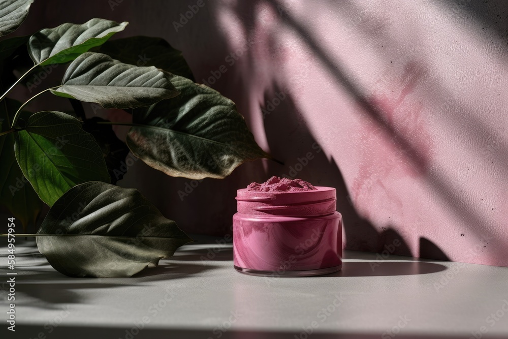 Simple product placement backdrop with leaves shadow on concrete texture wall. Magenta pantone. Cosm