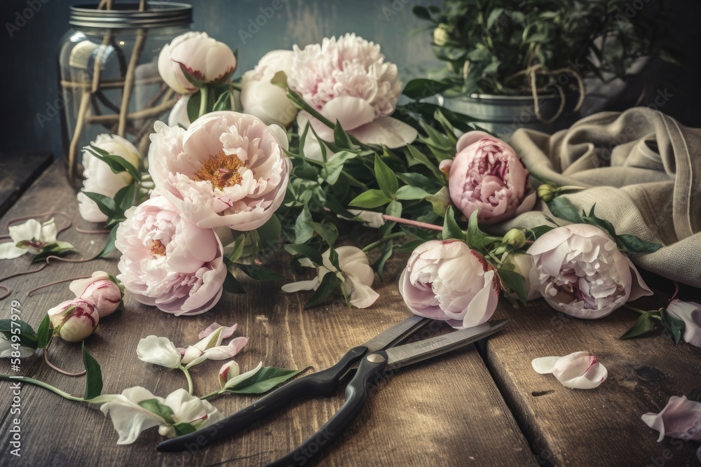 Boho room with flowers and scissors on rustic wood. Decorated summer flowers. Pink and white peonies