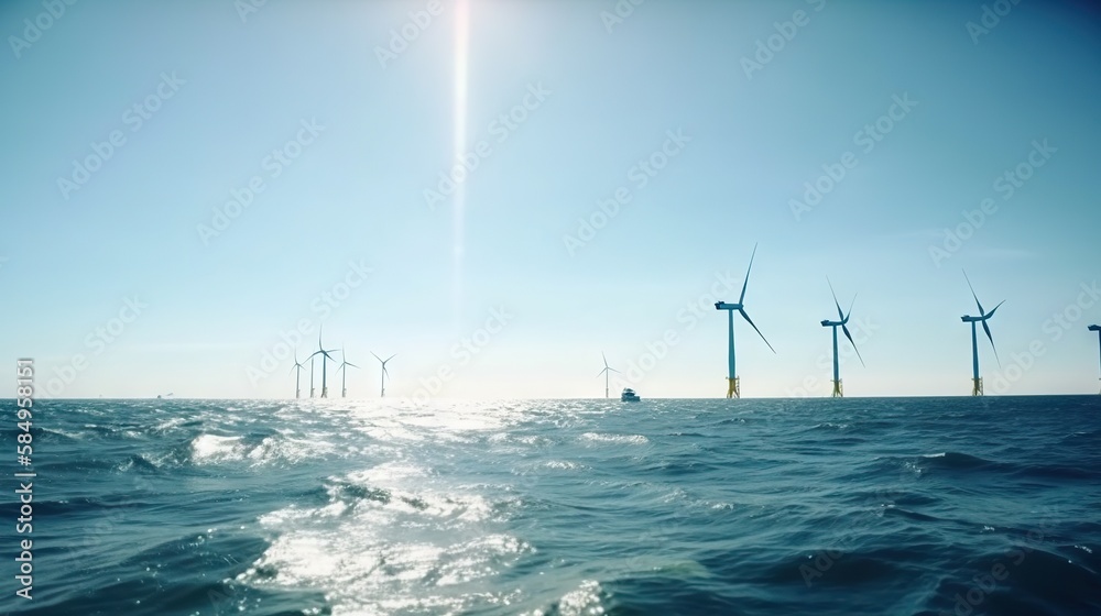 Offshore Windmill farm in the ocean, windmills isolated at sea on a sunny day. Generative AI