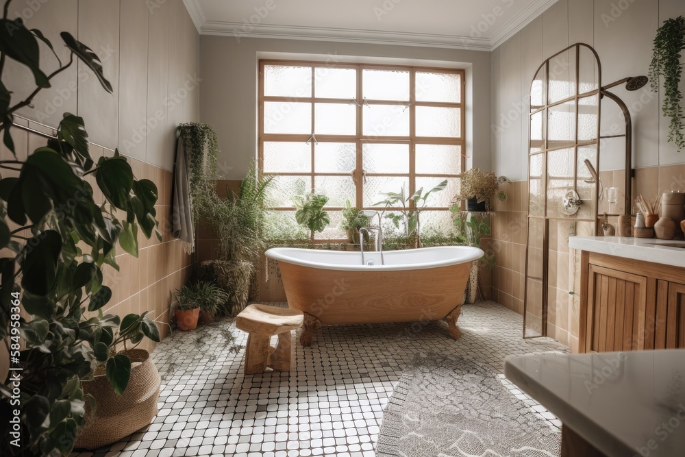 Modern bathroom décor. Freestanding bathtub, wooden folding screen, and house plants on floor. Tradi