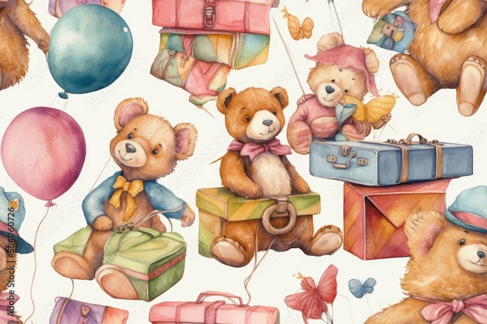 Bow, rainbow, toy bear, suitcase seamless watercolor pattern. Isolated. Drawings. Card, cloth, tags,