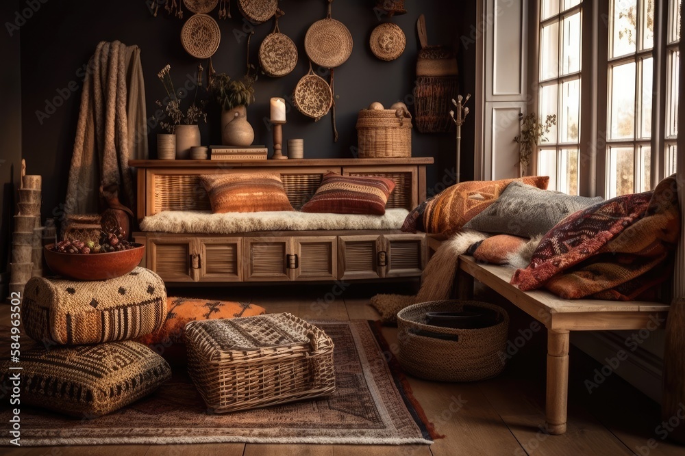 The ethnic living room with wicker baskets, wooden seat, and attractive personal decorations. Beige 