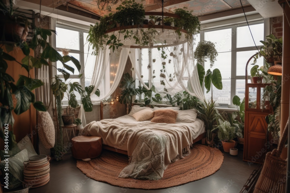 View from above of pleasant light boho bedroom with circular canopy bed on second home level, adorne